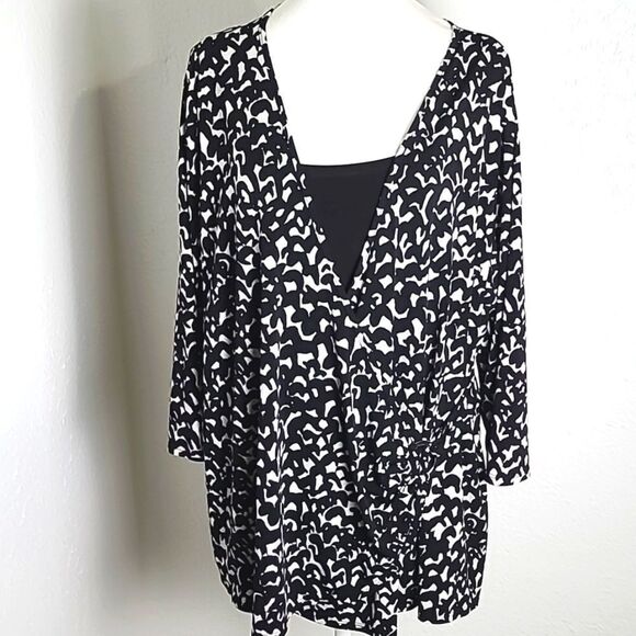 George Black & White Print Wrap Blouse/Black Cami w/Silver Circle, Sz 2X,18W-20W - Picture 1 of 10